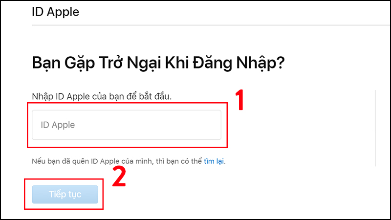 Nhập ID Apple bên dưới và chọn tiếp tục